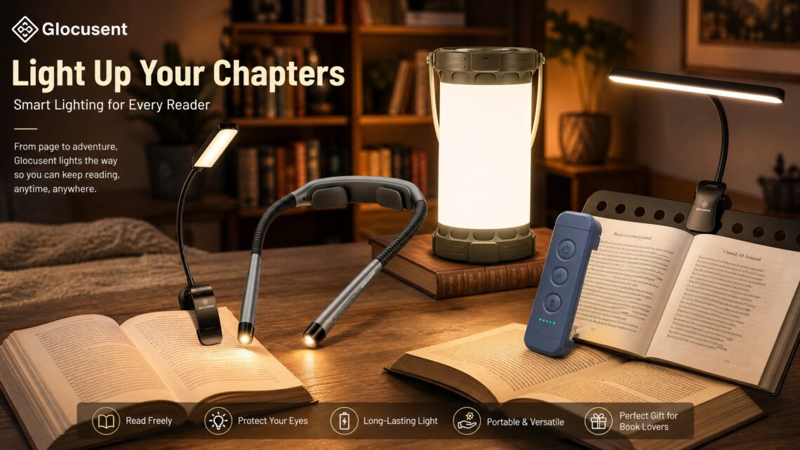Glocusent brand banner titled "Light Up Your Chapters" featuring a collection of neck lights, clip-on lamps, and camping lanterns on a cozy wooden table