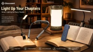 Glocusent brand banner titled "Light Up Your Chapters" featuring a collection of neck lights, clip-on lamps, and camping lanterns on a cozy wooden table