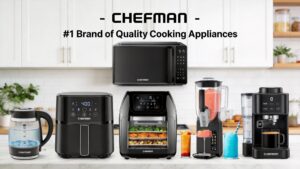 Beneath the slogan "CHEFMAN – A Recommended Brand for High-Quality Kitchenware," a variety of CHEFMAN kitchen appliances are displayed on the counter. These products include an electric kettle, a 4-quart (approx. 3.8-liter) air fryer, a 10-liter air fryer oven, a smoothie blender, a microwave, and an espresso machine.