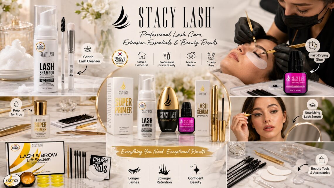 Overview collage of the Stacy Lash professional product line, including lash shampoo, super primer, extension adhesives, lash serum, lift kit, and precision gold beauty tools for salon use.