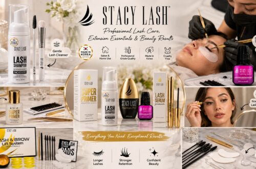 Overview collage of the Stacy Lash professional product line, including lash shampoo, super primer, extension adhesives, lash serum, lift kit, and precision gold beauty tools for salon use.