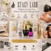 Overview collage of the Stacy Lash professional product line, including lash shampoo, super primer, extension adhesives, lash serum, lift kit, and precision gold beauty tools for salon use.