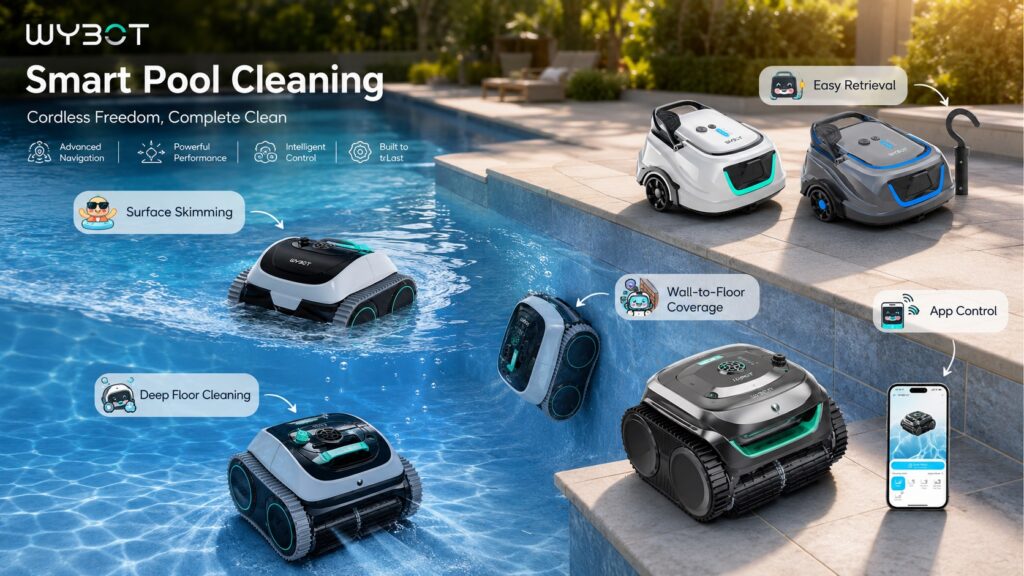 WYBOT Pool Cleaner product lineup overview demonstrating surface skimming, deep floor cleaning, wall-to-floor coverage, easy retrieval hook, and app control around a swimming pool.