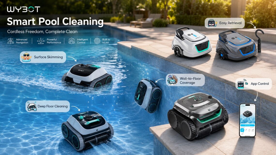 WYBOT Pool Cleaner product lineup overview demonstrating surface skimming, deep floor cleaning, wall-to-floor coverage, easy retrieval hook, and app control around a swimming pool.