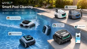 WYBOT Pool Cleaner product lineup overview demonstrating surface skimming, deep floor cleaning, wall-to-floor coverage, easy retrieval hook, and app control around a swimming pool.
