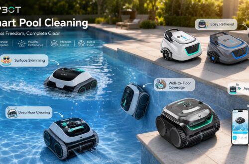 WYBOT Pool Cleaner product lineup overview demonstrating surface skimming, deep floor cleaning, wall-to-floor coverage, easy retrieval hook, and app control around a swimming pool.