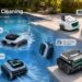 WYBOT Pool Cleaner product lineup overview demonstrating surface skimming, deep floor cleaning, wall-to-floor coverage, easy retrieval hook, and app control around a swimming pool.