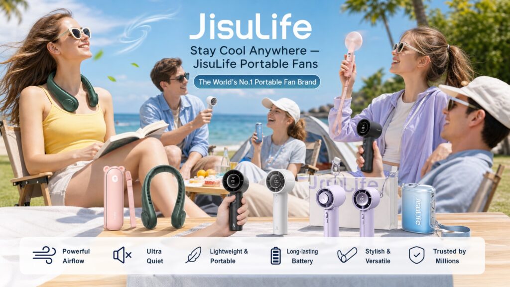 A summer outdoor group photo of a young woman in a sunny beach or park setting, closed her eyes and smiling as she holds a dark green JISULIFE neck fan around her neck. At the top-left is the product name "JisuLife" with the subtitle "Stay Cool Anywhere — JisuLife Portable Fans". Below is a blue bar with the text: "The World's No.1 Portable Fan Brand".