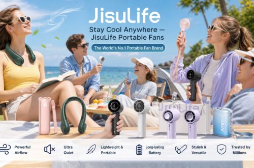 A summer outdoor group photo of a young woman in a sunny beach or park setting, closed her eyes and smiling as she holds a dark green JISULIFE neck fan around her neck. At the top-left is the product name "JisuLife" with the subtitle "Stay Cool Anywhere — JisuLife Portable Fans". Below is a blue bar with the text: "The World's No.1 Portable Fan Brand".