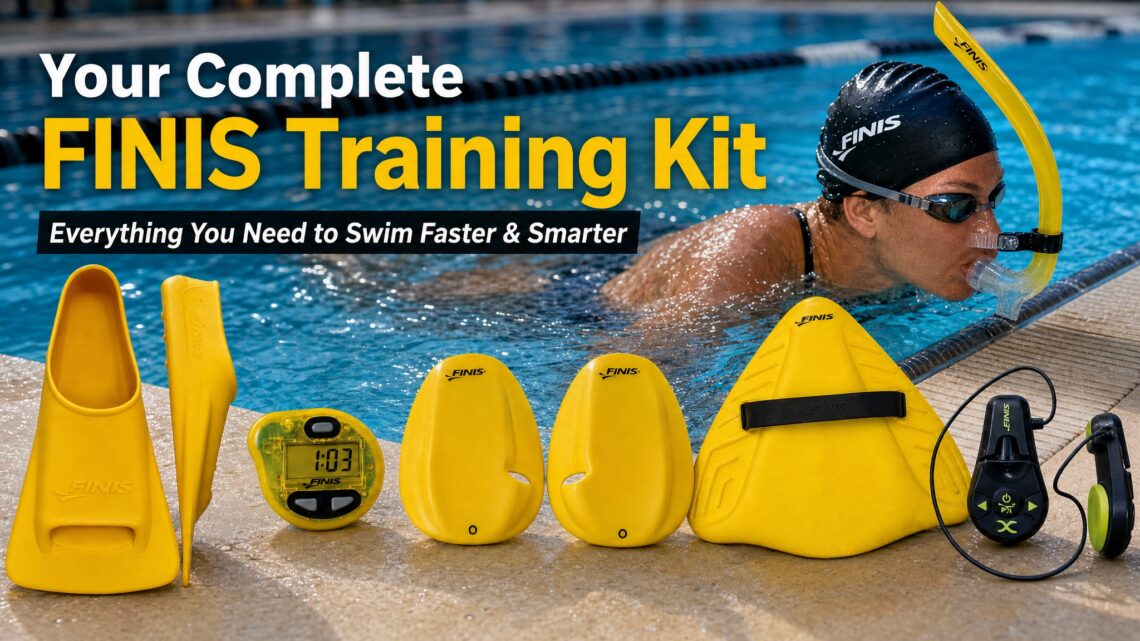 "Your Complete FINIS Training Kit" display featuring a line-up of yellow swim training equipment along the poolside with a swimmer training in the background.