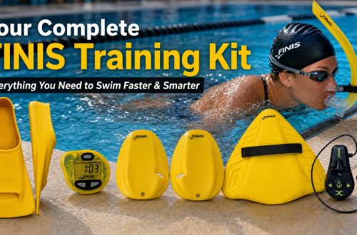 "Your Complete FINIS Training Kit" display featuring a line-up of yellow swim training equipment along the poolside with a swimmer training in the background.