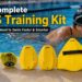 "Your Complete FINIS Training Kit" display featuring a line-up of yellow swim training equipment along the poolside with a swimmer training in the background.