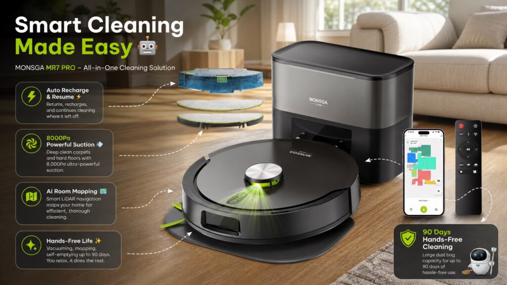 A comprehensive presentation of the MONSGA MR7 Pro robot vacuum and its auto-empty dock in a modern living room setting. The top features large text "Smart Cleaning Made Easy." On the left, a vertical list with icons details features (Auto Recharge & Resume, 8000Pa Powerful Suction, AI Room Mapping, Hands-Free Life). Water tank, mop pads, a remote, and a smartphone displaying the app interface are shown on the right, with a text callout "90 Days Hands-Free Cleaning" and "Large dust bag capacity for up to 90 days of hassle-free use" at the bottom right.