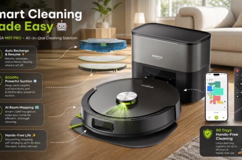 A comprehensive presentation of the MONSGA MR7 Pro robot vacuum and its auto-empty dock in a modern living room setting. The top features large text "Smart Cleaning Made Easy." On the left, a vertical list with icons details features (Auto Recharge & Resume, 8000Pa Powerful Suction, AI Room Mapping, Hands-Free Life). Water tank, mop pads, a remote, and a smartphone displaying the app interface are shown on the right, with a text callout "90 Days Hands-Free Cleaning" and "Large dust bag capacity for up to 90 days of hassle-free use" at the bottom right.