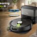 A comprehensive presentation of the MONSGA MR7 Pro robot vacuum and its auto-empty dock in a modern living room setting. The top features large text "Smart Cleaning Made Easy." On the left, a vertical list with icons details features (Auto Recharge & Resume, 8000Pa Powerful Suction, AI Room Mapping, Hands-Free Life). Water tank, mop pads, a remote, and a smartphone displaying the app interface are shown on the right, with a text callout "90 Days Hands-Free Cleaning" and "Large dust bag capacity for up to 90 days of hassle-free use" at the bottom right.