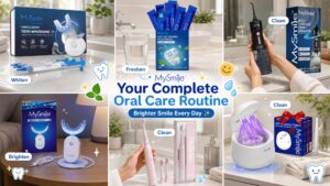 A collage of six images titled "MySmile Your Complete Oral Care Routine, Brighter Smile Every Day," detailing steps in a daily hygiene program. The sections are: "Whiten" (Teeth Whitening Kit, step 1), "Freshen" (Mouthwash packets, step 2), "Clean" (Water Flosser, step 3), "Brighten" (Teeth Whitening Light, step 4), "Clean" (Electric Toothbrush, step 5), and "Clean" (Ultrasonic Cleaner for retainer, step 6). Each panel shows a product in a clean bathroom setting with relevant cute tooth icons.