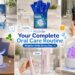 A collage of six images titled "MySmile Your Complete Oral Care Routine, Brighter Smile Every Day," detailing steps in a daily hygiene program. The sections are: "Whiten" (Teeth Whitening Kit, step 1), "Freshen" (Mouthwash packets, step 2), "Clean" (Water Flosser, step 3), "Brighten" (Teeth Whitening Light, step 4), "Clean" (Electric Toothbrush, step 5), and "Clean" (Ultrasonic Cleaner for retainer, step 6). Each panel shows a product in a clean bathroom setting with relevant cute tooth icons.