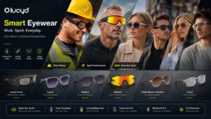 Comprehensive product line banner for Lucyd Smart Eyewear labeled 'Work. Sport. Everyday.'. Top banner shows models in construction, athletic, and everyday settings. Middle section showcases six models: Lucyd Armor, Lucyd Smart Sunglasses, Nautica, Reebok, Eddie Bauer x Nautica, and Lucyd Smart Glasses. Bottom bar highlights technical specs: Open-Ear Audio, Voice Assistant, Long Battery Life, Touch Control, Bluetooth 5.0, and UV Protection.
