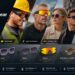 Comprehensive product line banner for Lucyd Smart Eyewear labeled 'Work. Sport. Everyday.'. Top banner shows models in construction, athletic, and everyday settings. Middle section showcases six models: Lucyd Armor, Lucyd Smart Sunglasses, Nautica, Reebok, Eddie Bauer x Nautica, and Lucyd Smart Glasses. Bottom bar highlights technical specs: Open-Ear Audio, Voice Assistant, Long Battery Life, Touch Control, Bluetooth 5.0, and UV Protection.
