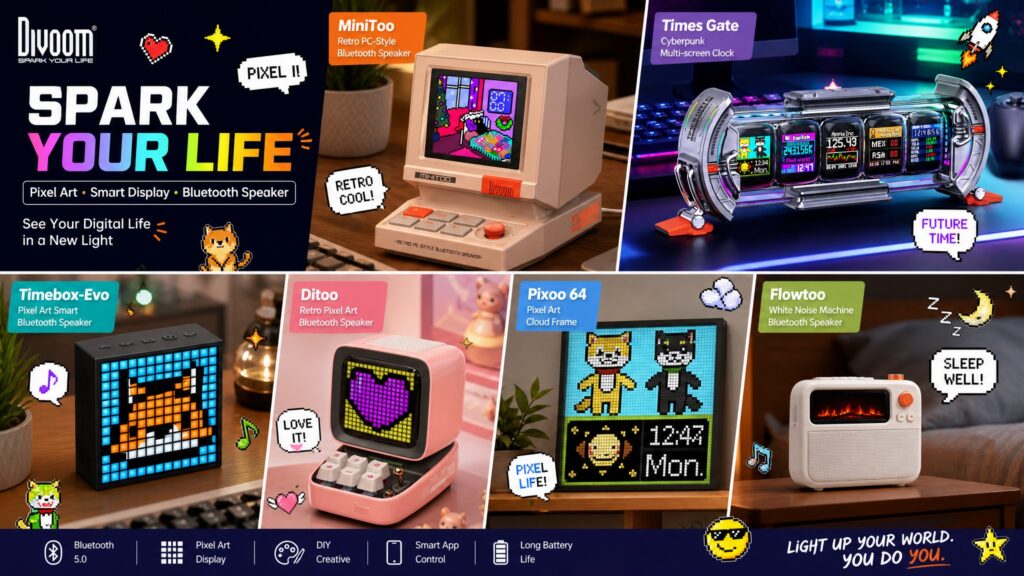 Divoom product lineup banner highlighting MiniToo, Times Gate, Timebox-Evo, Ditoo, Pixoo 64, and Flowtoo devices with pixel art features and specs.