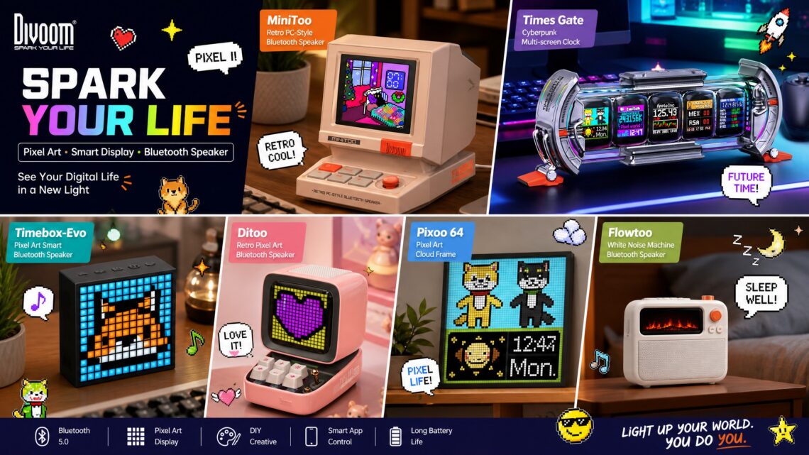 Divoom product lineup banner highlighting MiniToo, Times Gate, Timebox-Evo, Ditoo, Pixoo 64, and Flowtoo devices with pixel art features and specs.