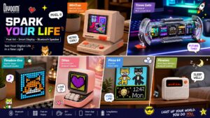 Divoom product lineup banner highlighting MiniToo, Times Gate, Timebox-Evo, Ditoo, Pixoo 64, and Flowtoo devices with pixel art features and specs.