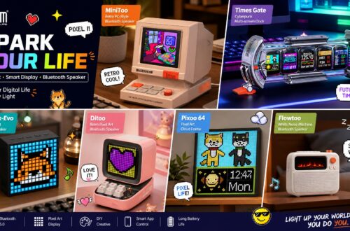 Divoom product lineup banner highlighting MiniToo, Times Gate, Timebox-Evo, Ditoo, Pixoo 64, and Flowtoo devices with pixel art features and specs.