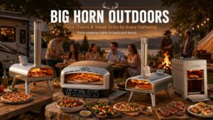 Big Horn Outdoors brand banner showcasing their complete outdoor lineup of stainless-steel pizza ovens and infrared steak grills during a festive twilight lakeside RV camping party.