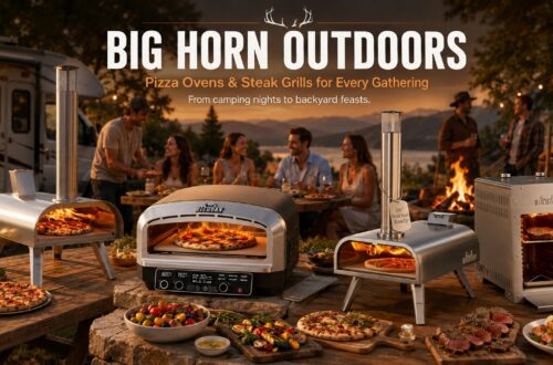 Big Horn Outdoors brand banner showcasing their complete outdoor lineup of stainless-steel pizza ovens and infrared steak grills during a festive twilight lakeside RV camping party.