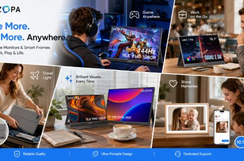 A product lineup advertisement by ARZOPA titled "See More. Do More. Anywhere." divided into four use cases: 'Game Anywhere' (man with headphones playing game on Z1FC), 'Work on the Go' (man at cafe with Z3FC), 'Travel Light' (woman packing sleeve in suitcase), and 'Share Memories' (family viewing photos on D10 smart frame). Bottom banners indicate 'Reliable Quality', 'Ultra-Portable Design', and 'Dedicated Support'.