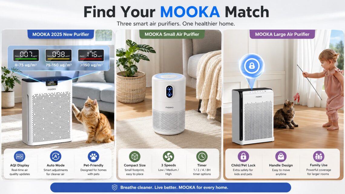 This image presents "Find Your MOOKA Match," featuring three smart air purifiers to create a healthier home.