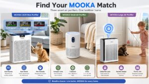 This image presents "Find Your MOOKA Match," featuring three smart air purifiers to create a healthier home.