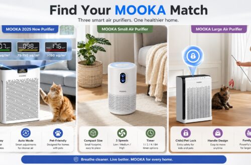 This image presents "Find Your MOOKA Match," featuring three smart air purifiers to create a healthier home.