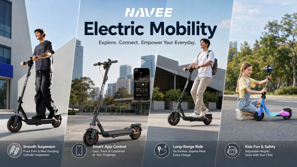 NAVEE Electric Mobility banner split into four scenes: smooth suspension, smart app control, long-range ride, and kids fun & safety with adjustable heights.
