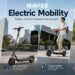 NAVEE Electric Mobility banner split into four scenes: smooth suspension, smart app control, long-range ride, and kids fun & safety with adjustable heights.