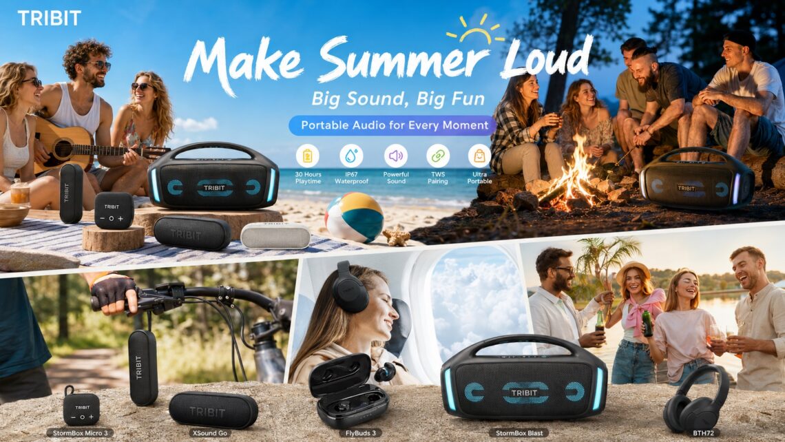 A comprehensive promotional collage for TRIBIT outdoor audio products, titled "Make Summer Loud." In the center is a black StormBox Blast speaker with blue LED lights. The image is split into four scenes: top-left shows friends on a beach picnic playing guitar, top-right shows friends around an outdoor campfire, bottom-left shows a speaker clipped to a bicycle handlebar, and bottom-right shows a view of clouds from an airplane window and headphones. Five products are displayed at the bottom with their names: StormBox Micro 3 (speaker), XSound Go (speaker), FlyBuds 3 (earbuds), StormBox Blast (large speaker), and BTH72 (headphones).