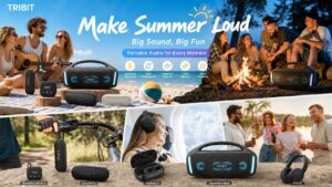 A comprehensive promotional collage for TRIBIT outdoor audio products, titled "Make Summer Loud." In the center is a black StormBox Blast speaker with blue LED lights. The image is split into four scenes: top-left shows friends on a beach picnic playing guitar, top-right shows friends around an outdoor campfire, bottom-left shows a speaker clipped to a bicycle handlebar, and bottom-right shows a view of clouds from an airplane window and headphones. Five products are displayed at the bottom with their names: StormBox Micro 3 (speaker), XSound Go (speaker), FlyBuds 3 (earbuds), StormBox Blast (large speaker), and BTH72 (headphones).