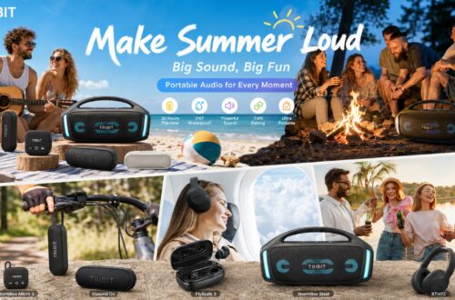 A comprehensive promotional collage for TRIBIT outdoor audio products, titled "Make Summer Loud." In the center is a black StormBox Blast speaker with blue LED lights. The image is split into four scenes: top-left shows friends on a beach picnic playing guitar, top-right shows friends around an outdoor campfire, bottom-left shows a speaker clipped to a bicycle handlebar, and bottom-right shows a view of clouds from an airplane window and headphones. Five products are displayed at the bottom with their names: StormBox Micro 3 (speaker), XSound Go (speaker), FlyBuds 3 (earbuds), StormBox Blast (large speaker), and BTH72 (headphones).