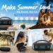 A comprehensive promotional collage for TRIBIT outdoor audio products, titled "Make Summer Loud." In the center is a black StormBox Blast speaker with blue LED lights. The image is split into four scenes: top-left shows friends on a beach picnic playing guitar, top-right shows friends around an outdoor campfire, bottom-left shows a speaker clipped to a bicycle handlebar, and bottom-right shows a view of clouds from an airplane window and headphones. Five products are displayed at the bottom with their names: StormBox Micro 3 (speaker), XSound Go (speaker), FlyBuds 3 (earbuds), StormBox Blast (large speaker), and BTH72 (headphones).