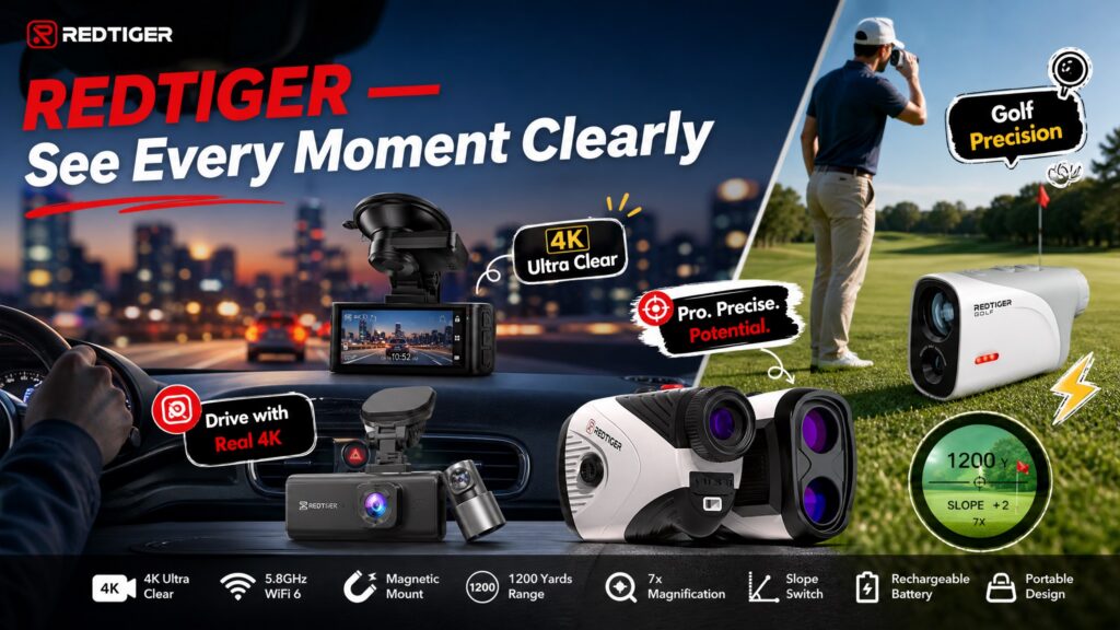 REDTIGER brand hero banner split between night driving with 4K dash cams and a golf player on a course with rangefinders, under the slogan "REDTIGER - See Every Moment Clearly."