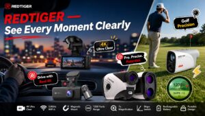 REDTIGER brand hero banner split between night driving with 4K dash cams and a golf player on a course with rangefinders, under the slogan "REDTIGER - See Every Moment Clearly."