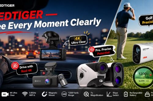 REDTIGER brand hero banner split between night driving with 4K dash cams and a golf player on a course with rangefinders, under the slogan "REDTIGER - See Every Moment Clearly."