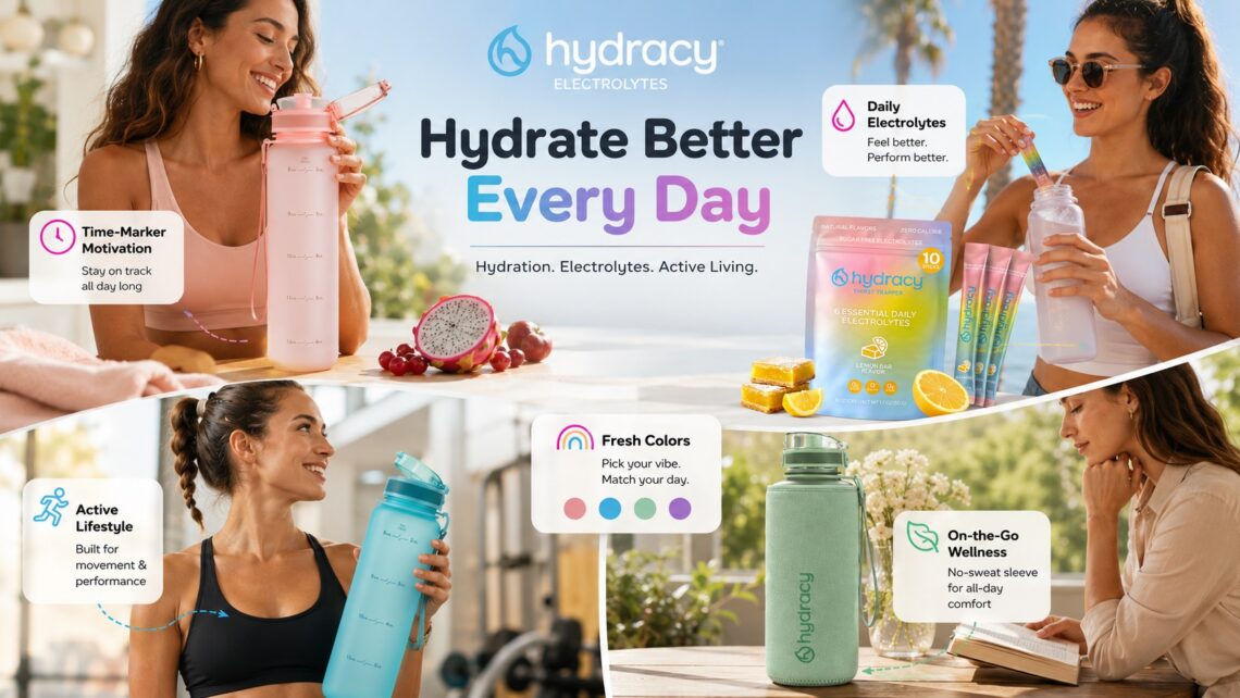 A collage-style outdoor promotional image for Hydracy electrolytes and water bottles, featuring multiple models in various scenarios. The top shows a woman drinking from a water bottle with time markers, and a woman pouring an electrolyte stick pack into a bottle. The middle features the electrolyte pack, lemons, and lemon bars. The bottom shows a woman holding a blue water bottle in a gym, and a woman reading with a mint green water bottle nearby. The image includes various icons and text highlighting "Time-Marker Motivation", "Daily Electrolytes", "Fresh Colors", "Active Lifestyle", and "On-the-Go Wellness".