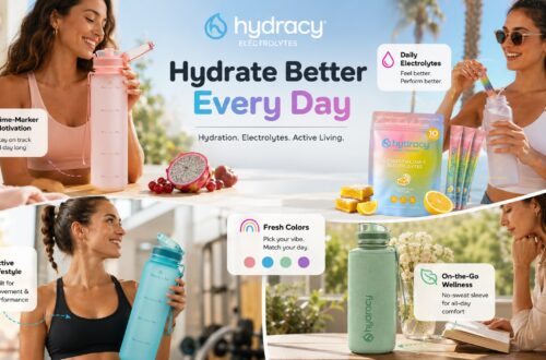 A collage-style outdoor promotional image for Hydracy electrolytes and water bottles, featuring multiple models in various scenarios. The top shows a woman drinking from a water bottle with time markers, and a woman pouring an electrolyte stick pack into a bottle. The middle features the electrolyte pack, lemons, and lemon bars. The bottom shows a woman holding a blue water bottle in a gym, and a woman reading with a mint green water bottle nearby. The image includes various icons and text highlighting "Time-Marker Motivation", "Daily Electrolytes", "Fresh Colors", "Active Lifestyle", and "On-the-Go Wellness".