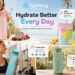 A collage-style outdoor promotional image for Hydracy electrolytes and water bottles, featuring multiple models in various scenarios. The top shows a woman drinking from a water bottle with time markers, and a woman pouring an electrolyte stick pack into a bottle. The middle features the electrolyte pack, lemons, and lemon bars. The bottom shows a woman holding a blue water bottle in a gym, and a woman reading with a mint green water bottle nearby. The image includes various icons and text highlighting "Time-Marker Motivation", "Daily Electrolytes", "Fresh Colors", "Active Lifestyle", and "On-the-Go Wellness".