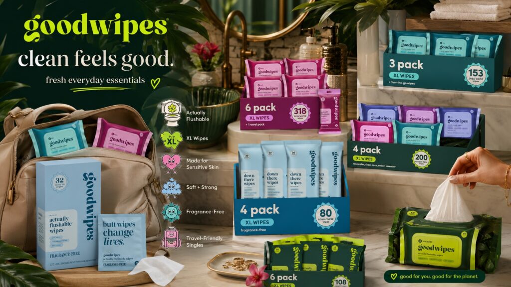 Comprehensive product line display of Goodwipes flushable wipes, showing various scent collections, travel packs, single wipes, and multi-pack boxes arranged in a modern bathroom setup.