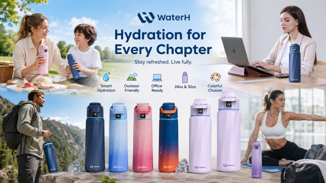 WaterH "Hydration for Every Chapter" campaign graphic displaying the complete colorful line of 24oz and 32oz smart water bottles alongside lifestyle imagery of family picnics, hiking, office work, and yoga workouts.