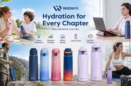 WaterH "Hydration for Every Chapter" campaign graphic displaying the complete colorful line of 24oz and 32oz smart water bottles alongside lifestyle imagery of family picnics, hiking, office work, and yoga workouts.