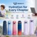 WaterH "Hydration for Every Chapter" campaign graphic displaying the complete colorful line of 24oz and 32oz smart water bottles alongside lifestyle imagery of family picnics, hiking, office work, and yoga workouts.