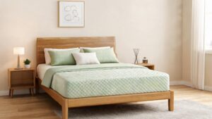 A minimalist Japanese-style wooden bedroom featuring an EGOHOME mattress with a light green quilted diamond pattern cover, decorated with matching green and white pillows for a natural, soothing atmosphere.